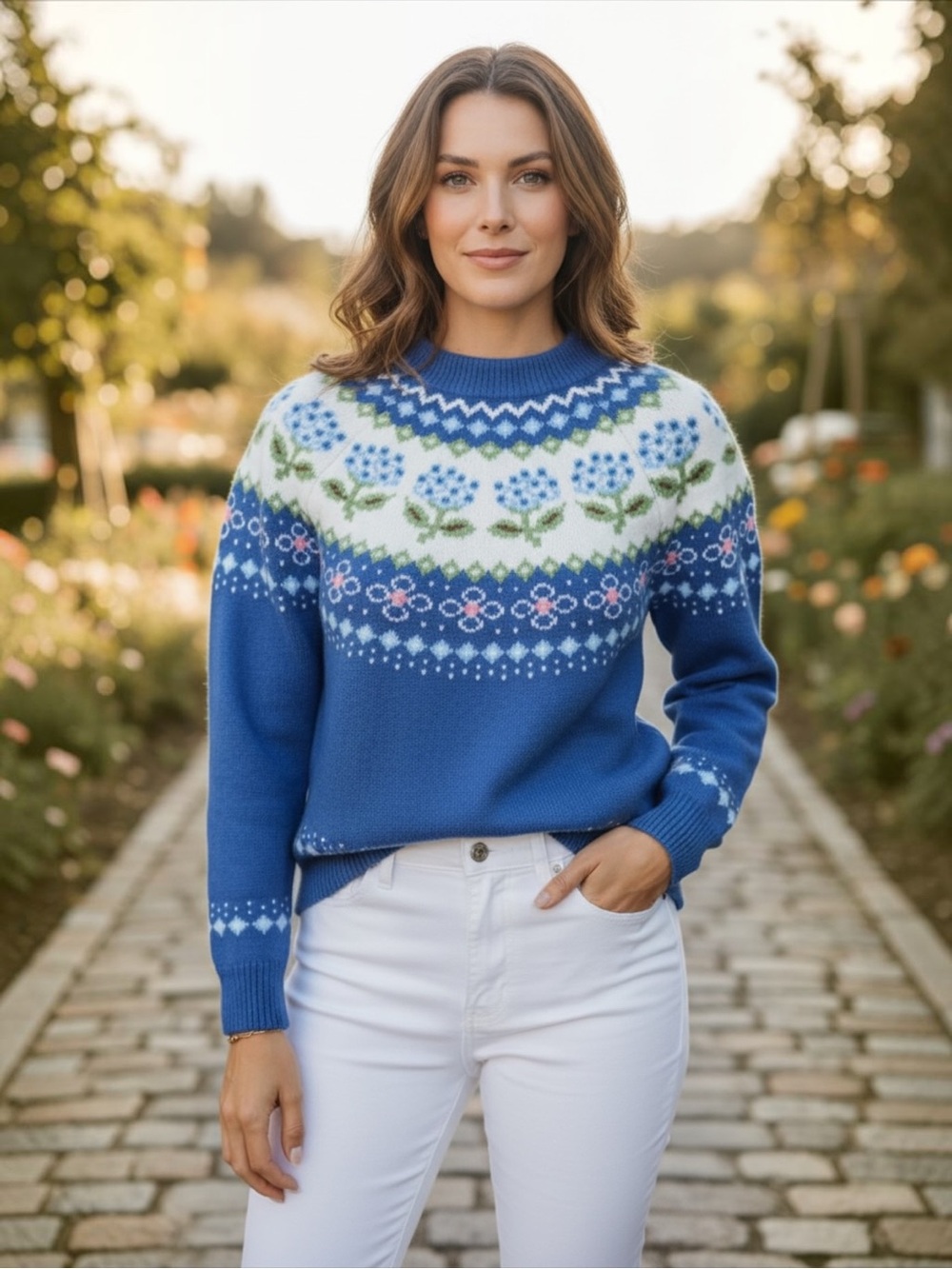 Boutique Spring Blue Hydrangea Floral Pattern Fairisle Sweater